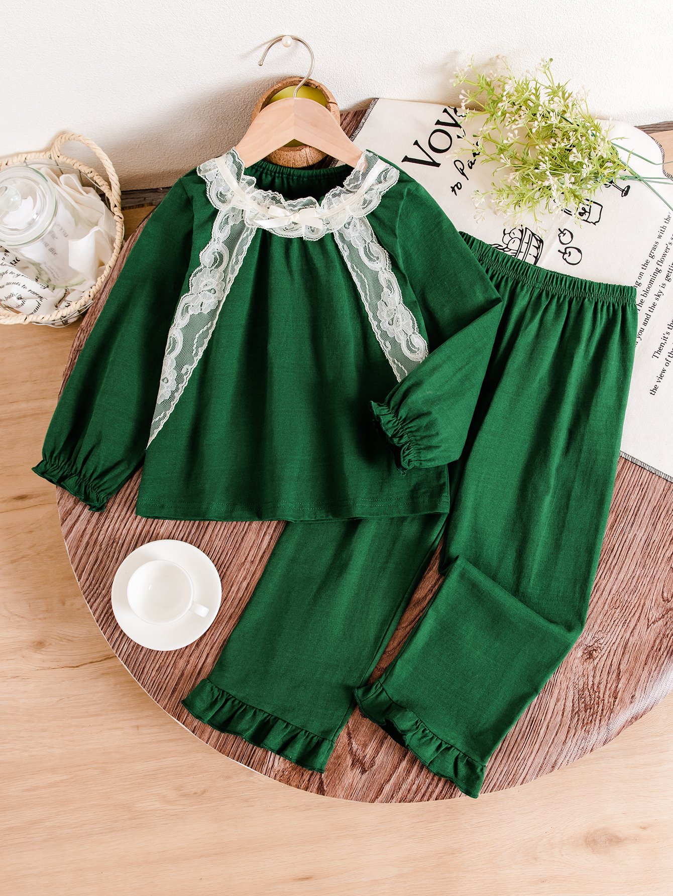Girls Dark Green Lace Details Top And Pants Pyjama Set