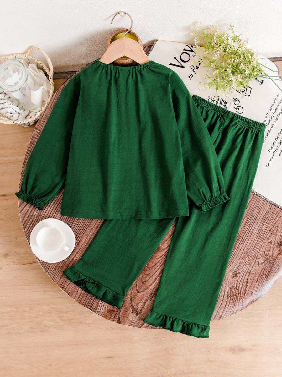 Girls Dark Green Lace Details Top And Pants Pyjama Set
