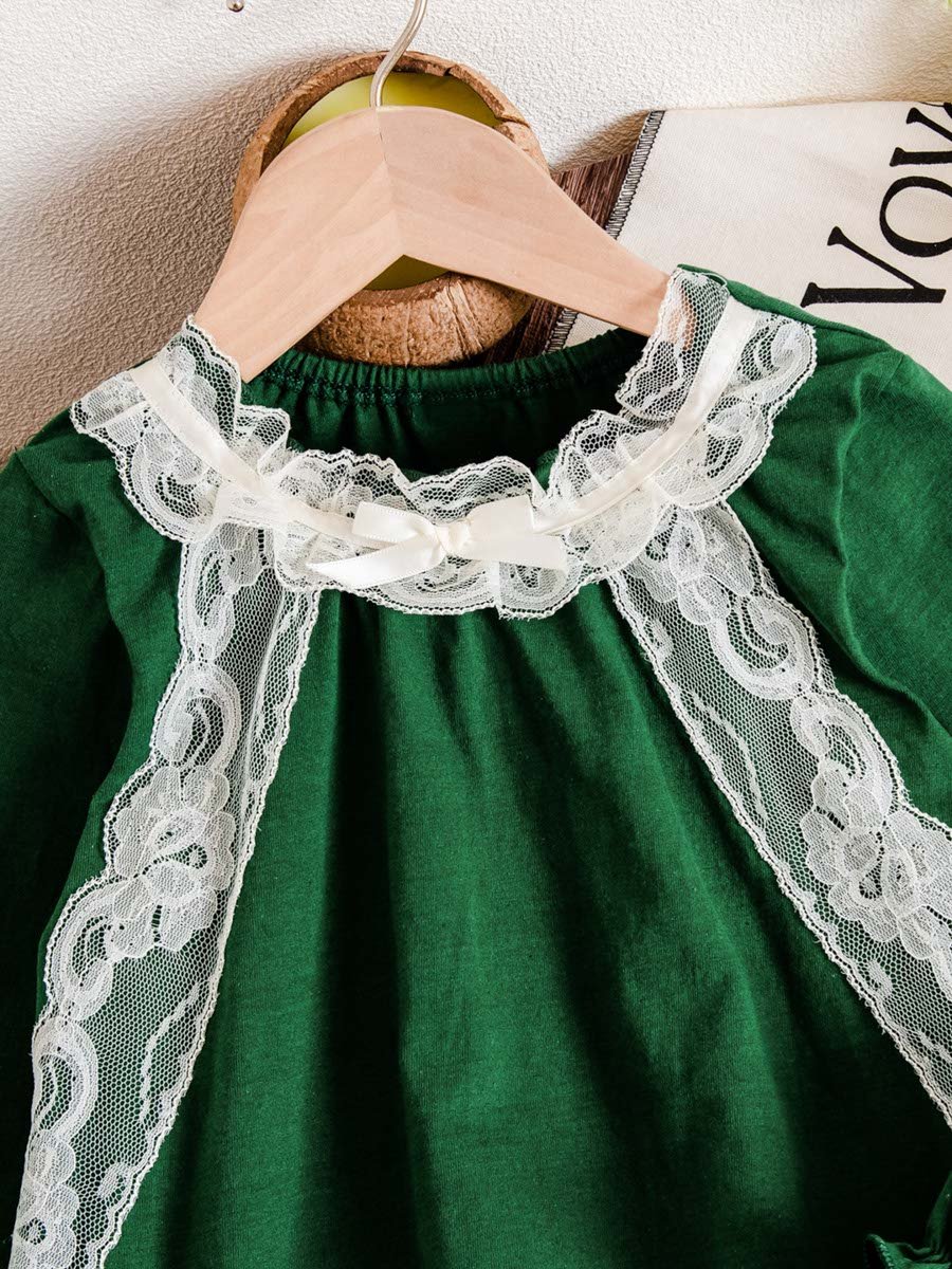 Girls Dark Green Lace Details Top And Pants Pyjama Set