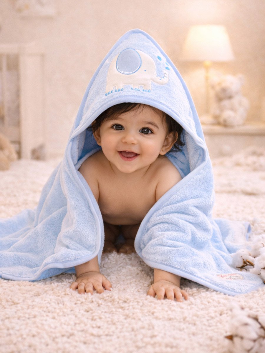 Baby Cotton Hooded Towel, Elephant Print, 75 × 75 cm - Blue
