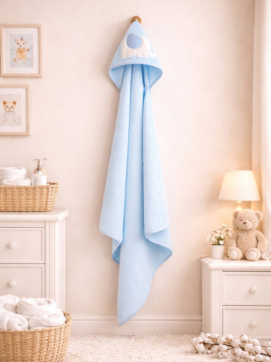 Baby Cotton Hooded Towel, Elephant Print, 75 × 75 cm - Blue