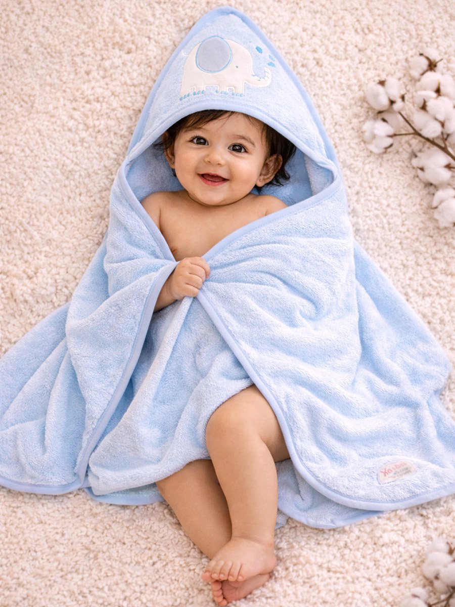 Baby Cotton Hooded Towel, Elephant Print, 75 × 75 cm - Blue