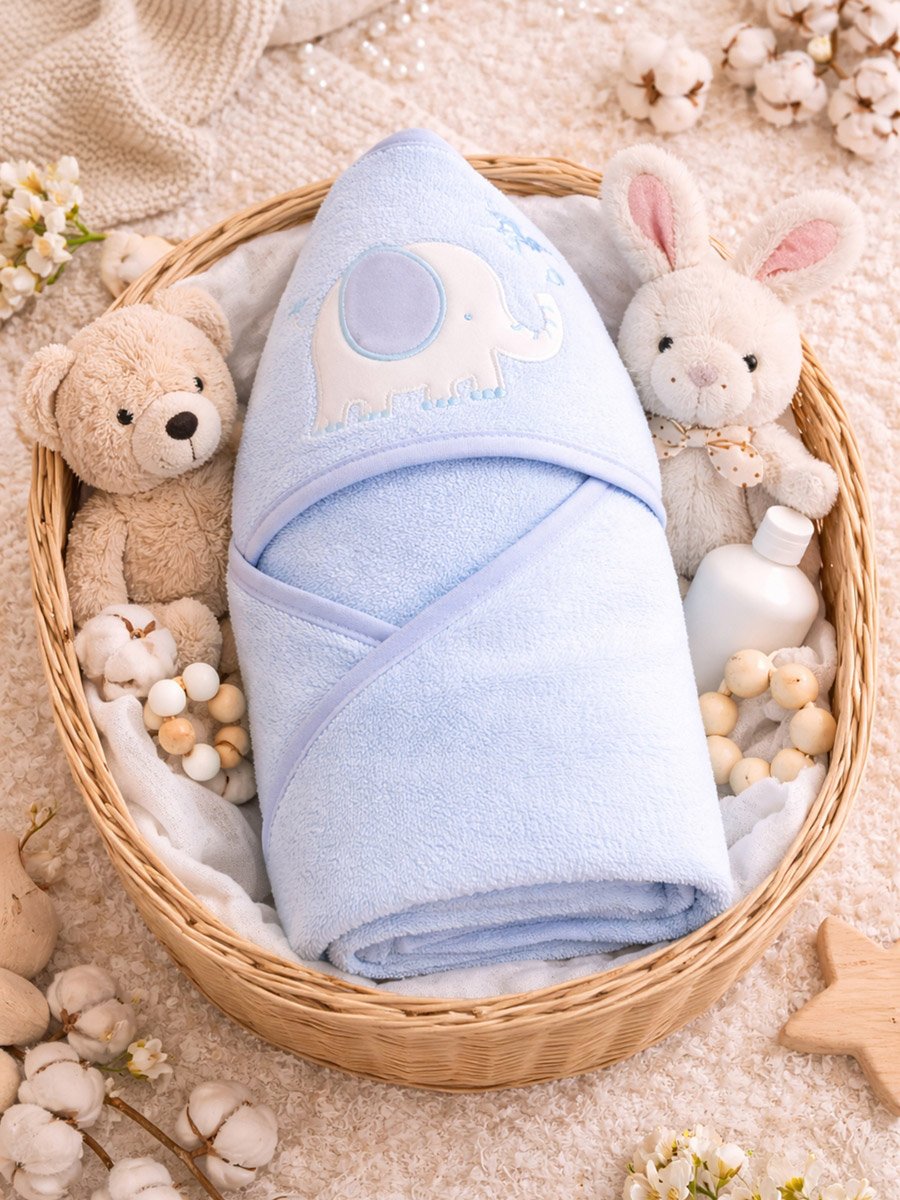 Baby Cotton Hooded Towel, Elephant Print, 75 × 75 cm - Blue
