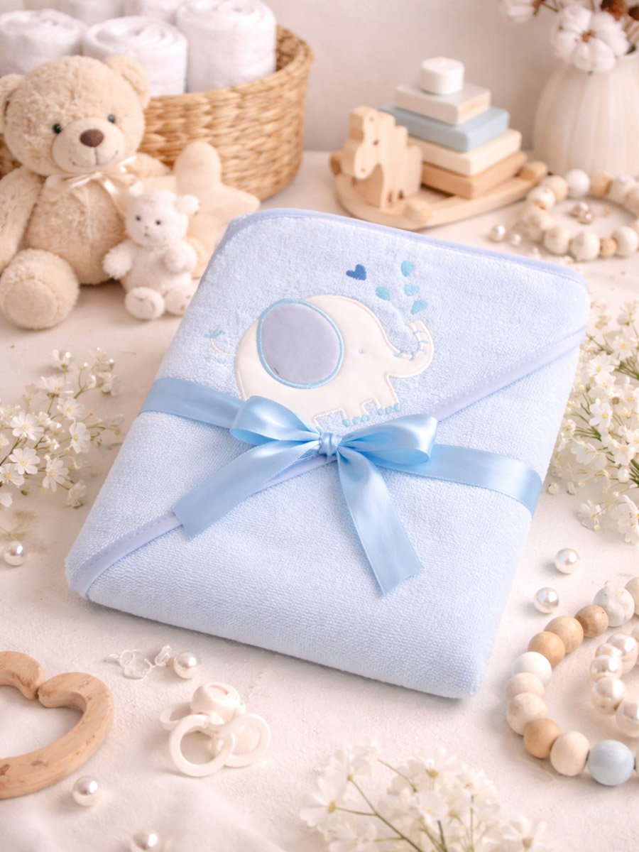 Baby Cotton Hooded Towel, Elephant Print, 75 × 75 cm - Blue