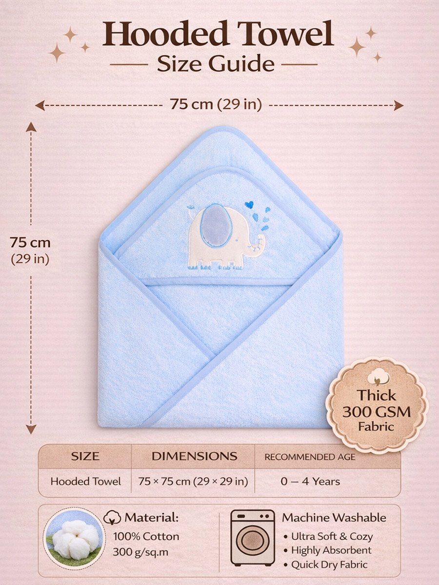 Baby Cotton Hooded Towel, Elephant Print, 75 × 75 cm - Blue