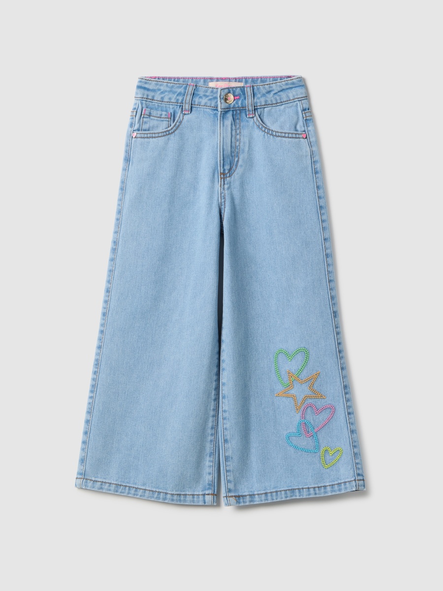 Girls Light Blue Embroidered Wide Leg Jeans