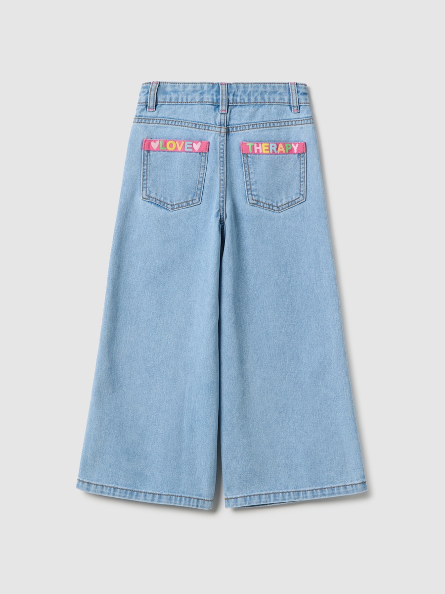 Girls Light Blue Embroidered Wide Leg Jeans