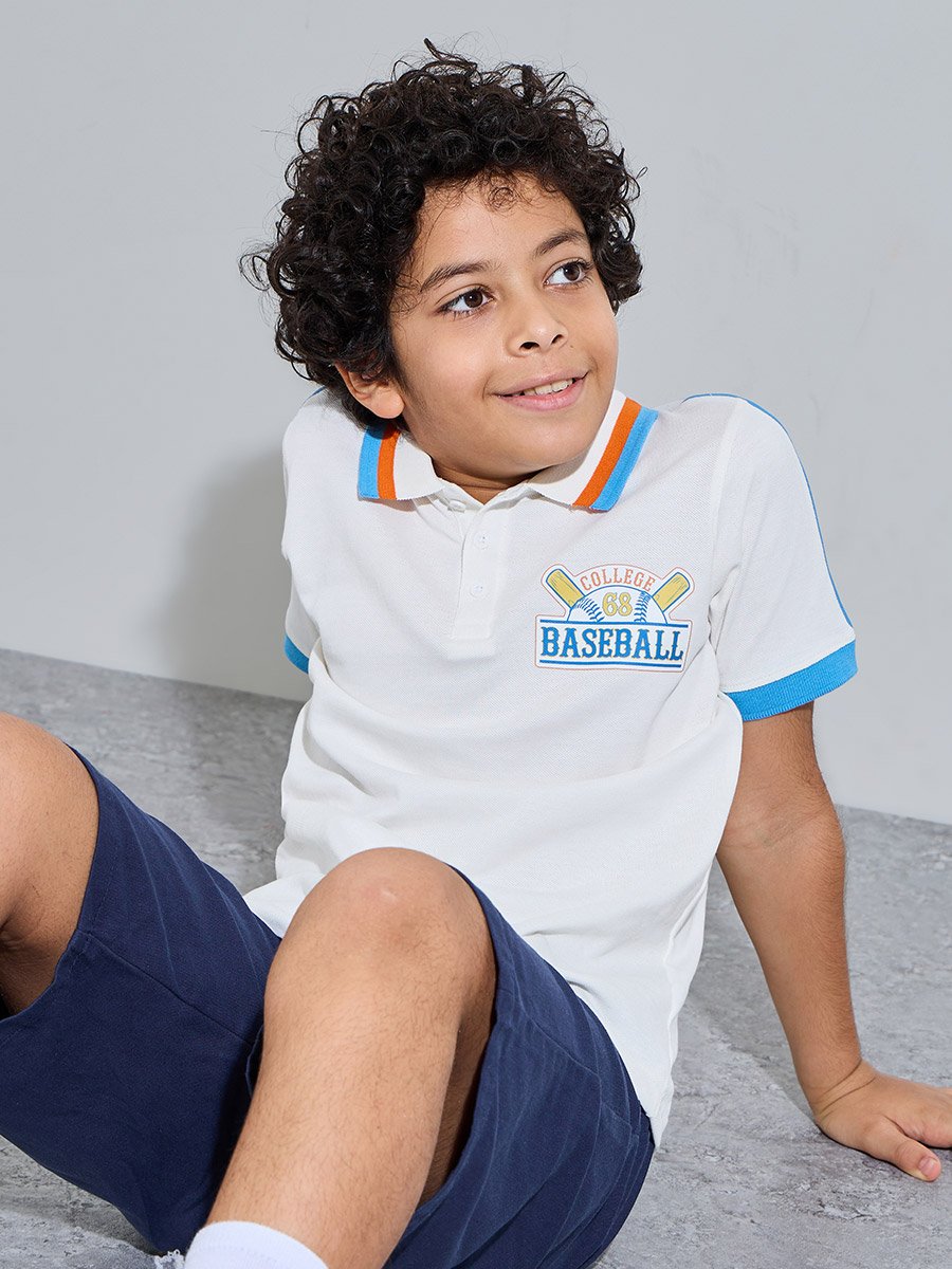 Teen Boys Off White Polo T-Shirt with Baseball Graphic
