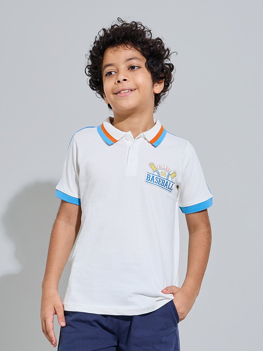 Teen Boys Off White Polo T-Shirt with Baseball Graphic