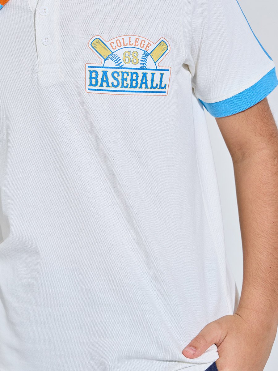 Teen Boys Off White Polo T-Shirt with Baseball Graphic