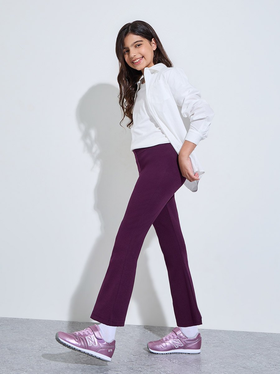 Teen Girls Purple Ribbed Flared Leggings
