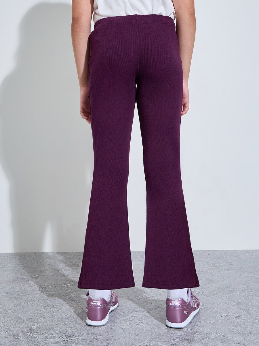 Teen Girls Purple Ribbed Flared Leggings