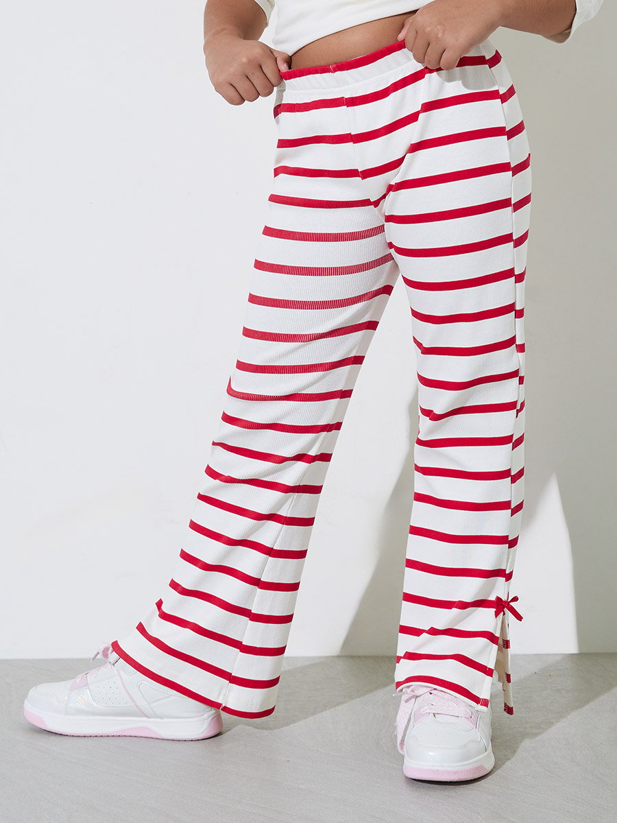 Teen Girls Striped Ribbed Knit Flare Leggings with Side Bow Slits