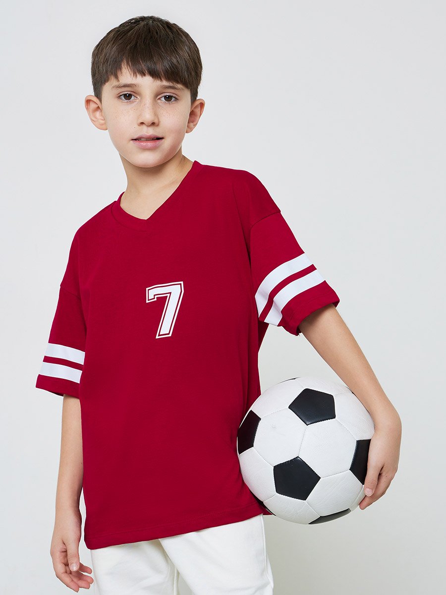 Teen Boys Red V-Neck Varsity Stripes Sleeves Oversized T-Shirt