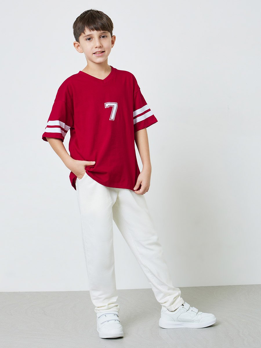 Teen Boys Red V-Neck Varsity Stripes Sleeves Oversized T-Shirt
