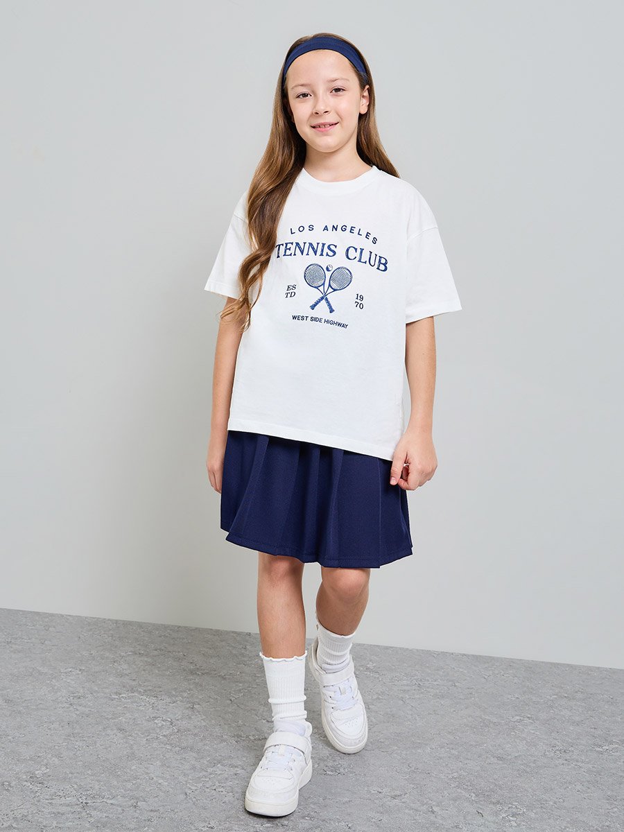 Teen Girls White Graphic Print Cotton Oversized T-Shirt
