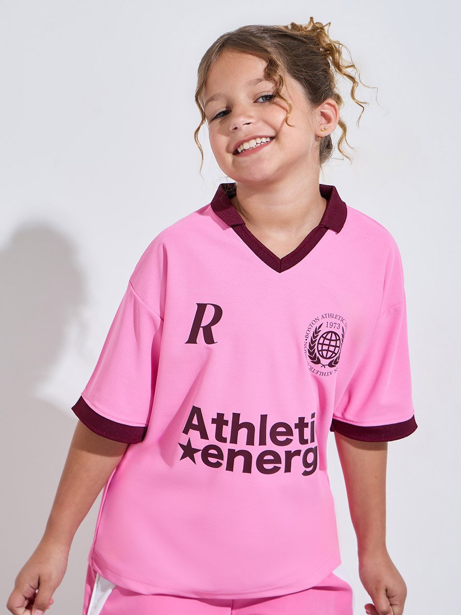 Teen Girls Pink V Neck Oversized Sports Jersey T-Shirt 