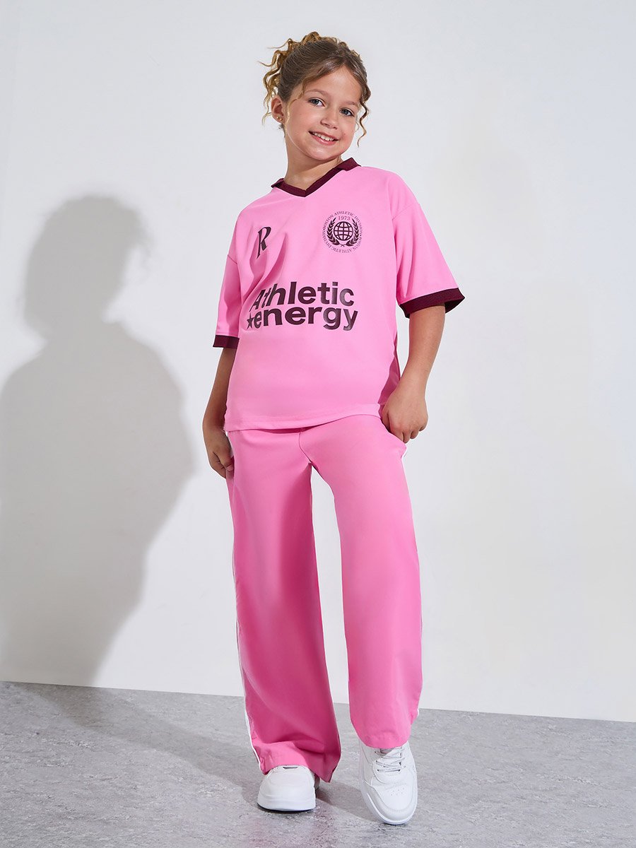 Teen Girls Pink V Neck Oversized Sports Jersey T-Shirt 