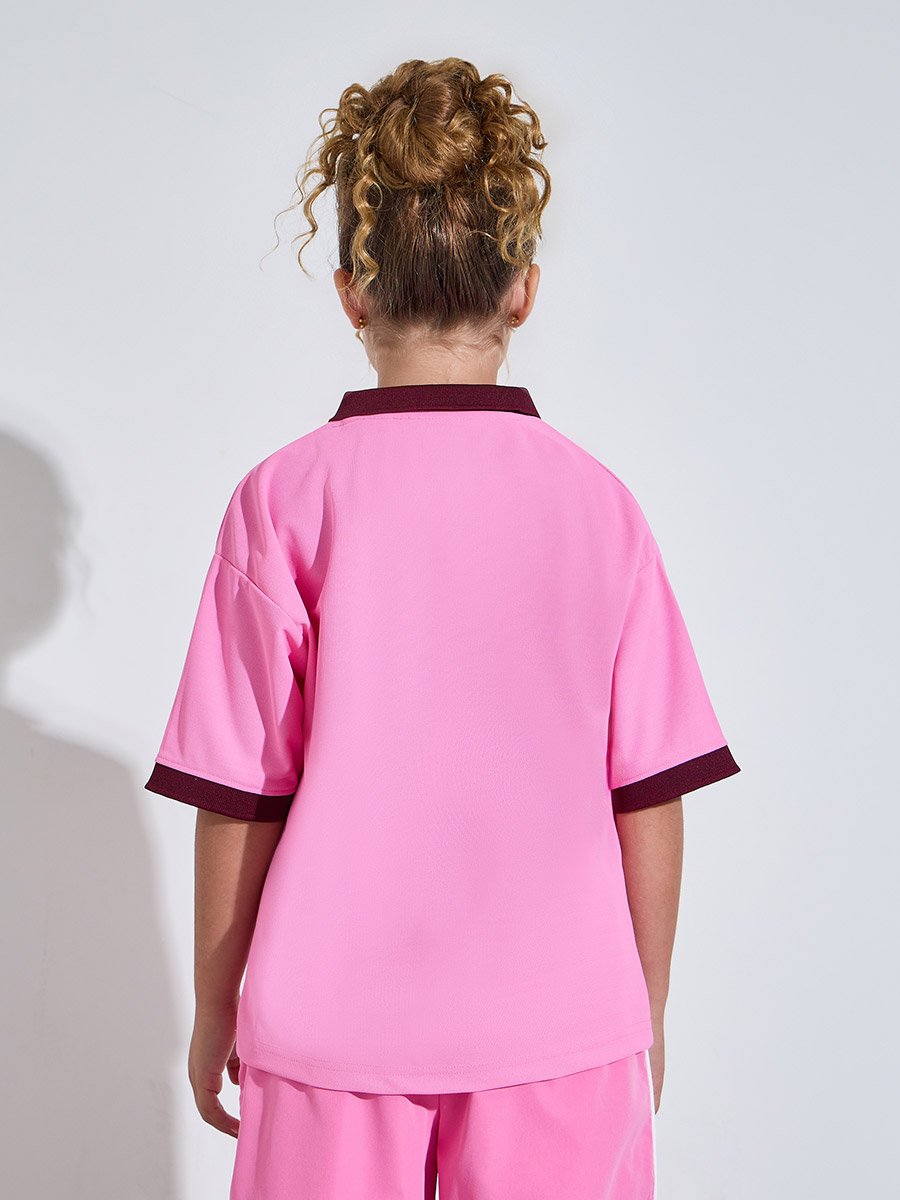 Teen Girls Pink V Neck Oversized Sports Jersey T-Shirt 
