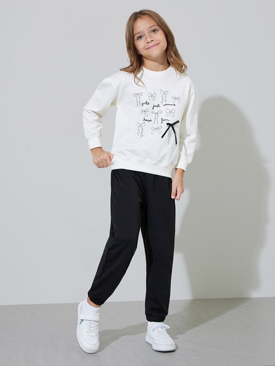 Girls Off White Bow Print Oversized Sweatshirt