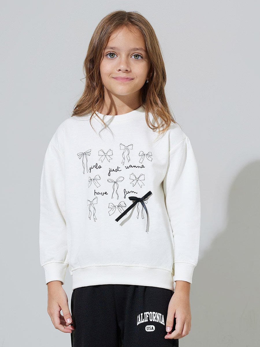 Girls Off White Bow Print Oversized Sweatshirt