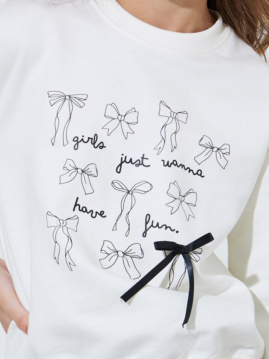 Girls Off White Bow Print Oversized Sweatshirt