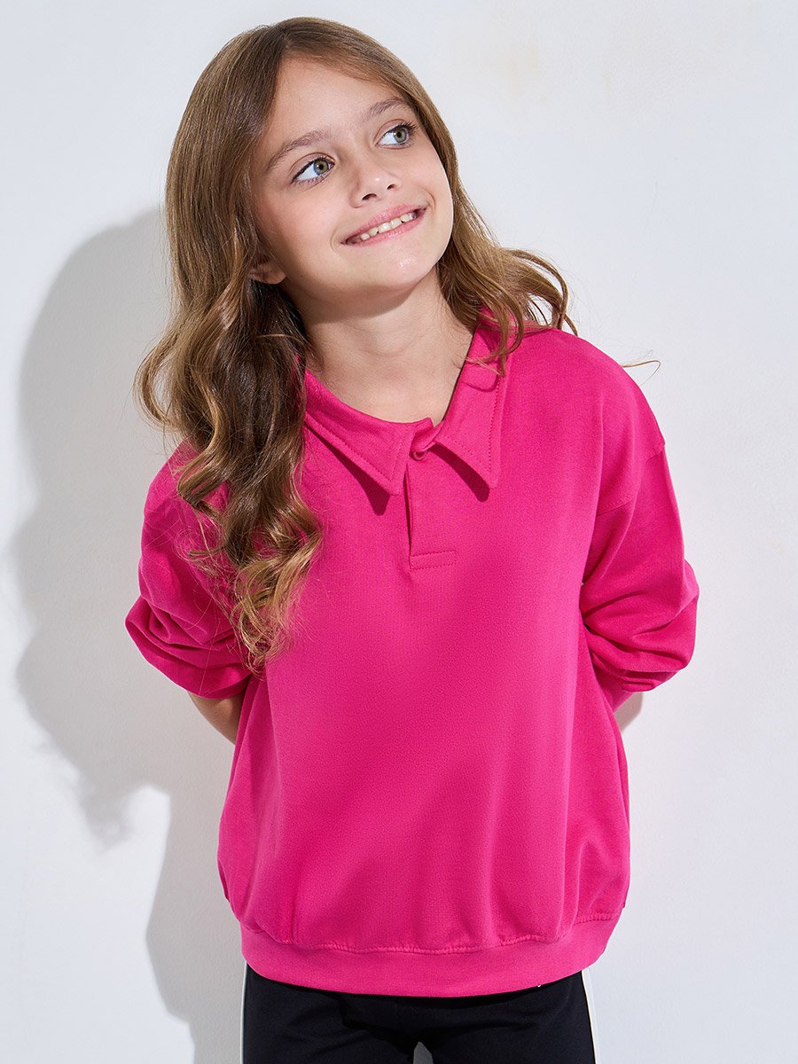 Teen Girls Pink Collared Oversized Sweatshirt