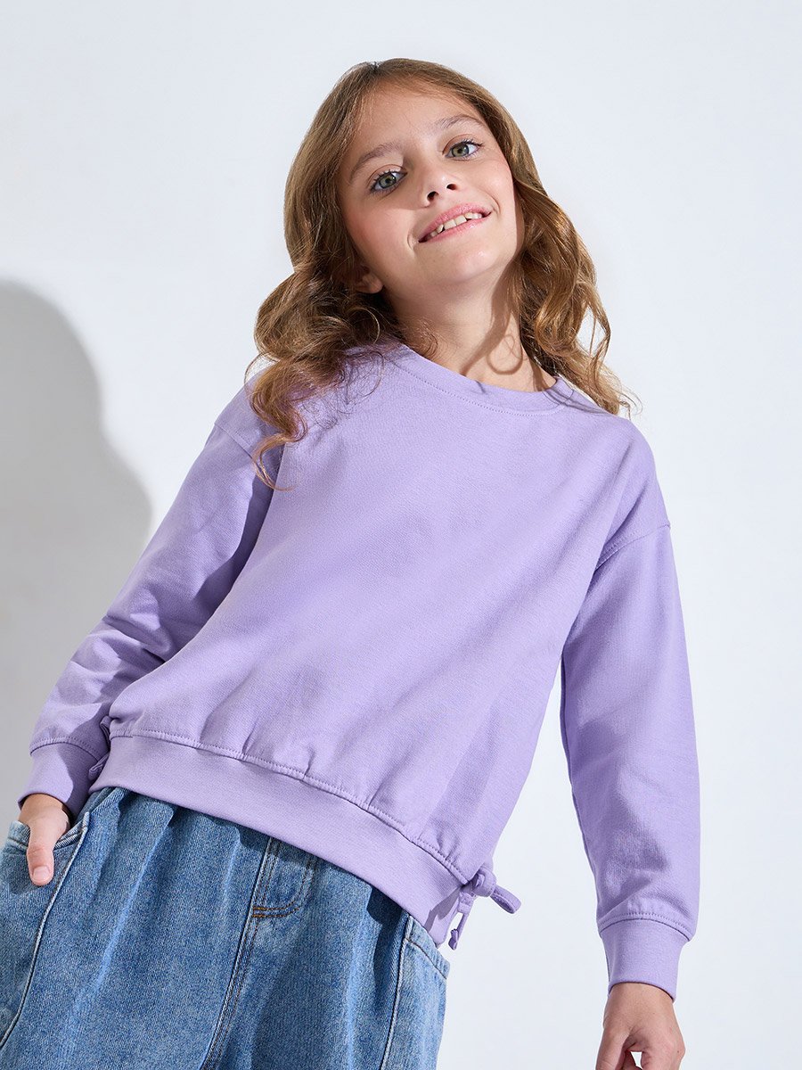 Girls Lilac Solid Side Bow Details Oversized Sweatshirt