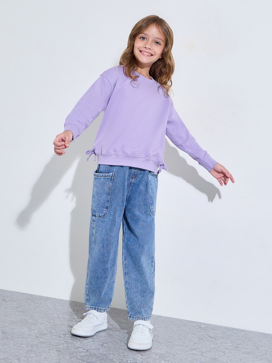 Girls Lilac Solid Side Bow Details Oversized Sweatshirt