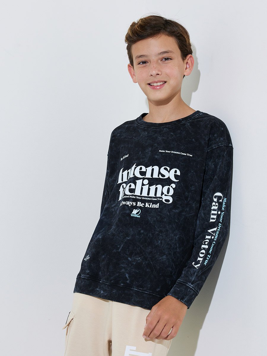 Teen Boys Black Acid Wash Graphic Print Oversized Sweatshirt