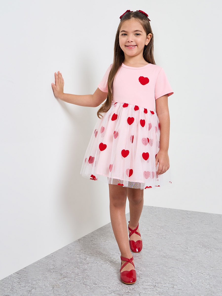 Girls Heart Mesh Print Casual Dress