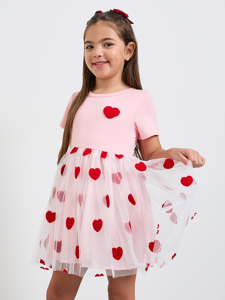 Girls Heart Mesh Print Casual Dress
