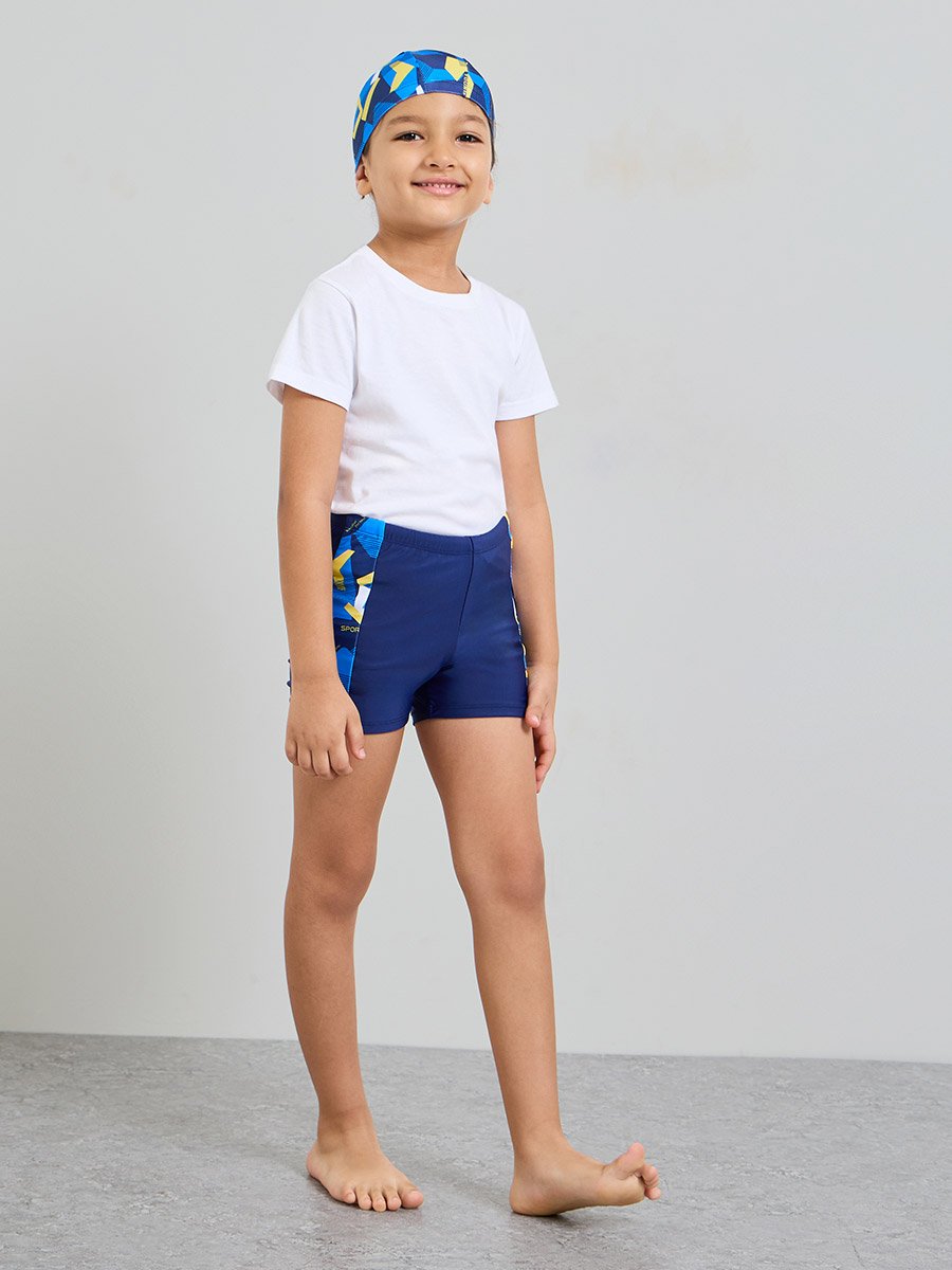 Boys Side Pannel Print Swim Shorts with Cap