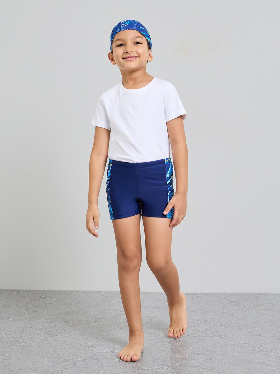 Boys Side Pannel Print Swim Shorts with Cap
