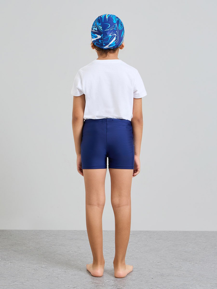 Boys Side Pannel Print Swim Shorts with Cap