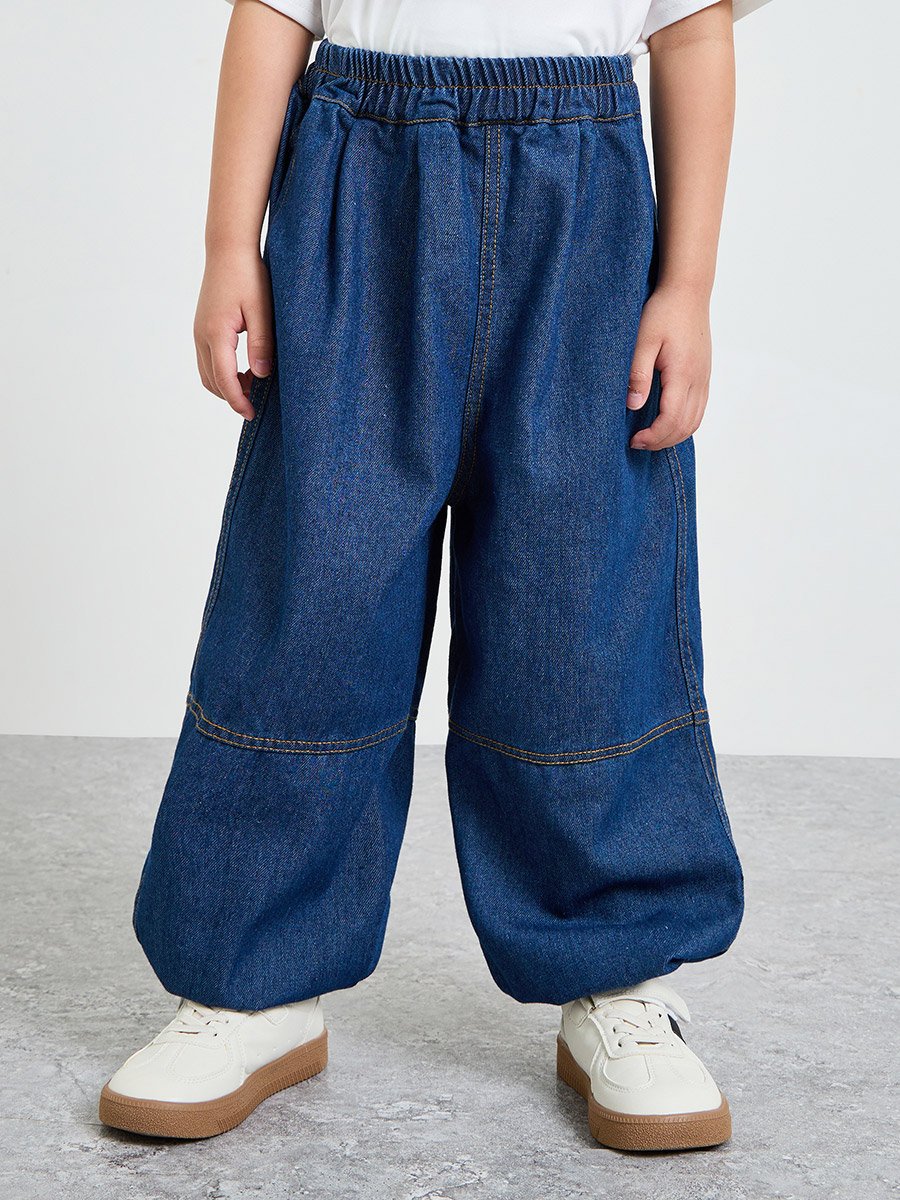 Boys Dark Blue Cut and Sew Panel Baggy Jeans