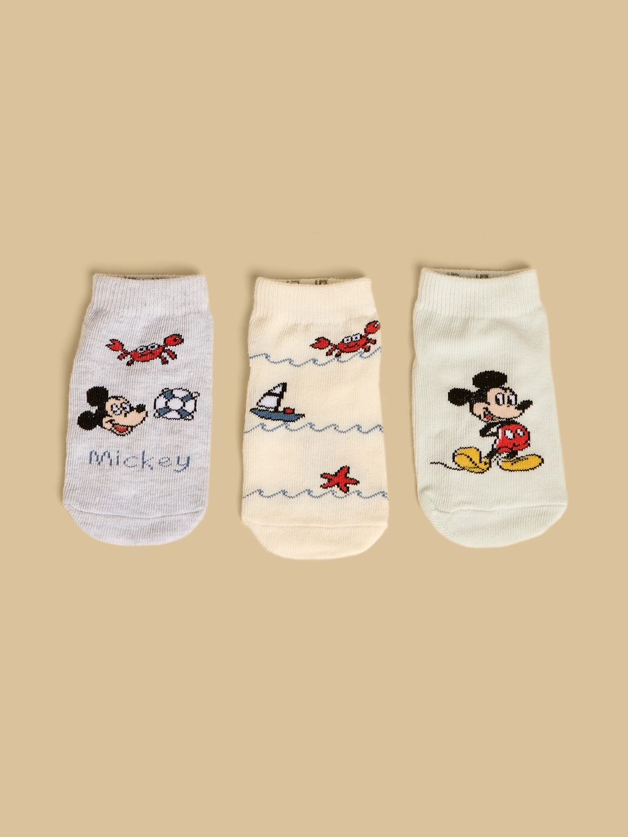 Pack of 3 - Mickey Mouse Print Anti-Skid Ankle Length Socks