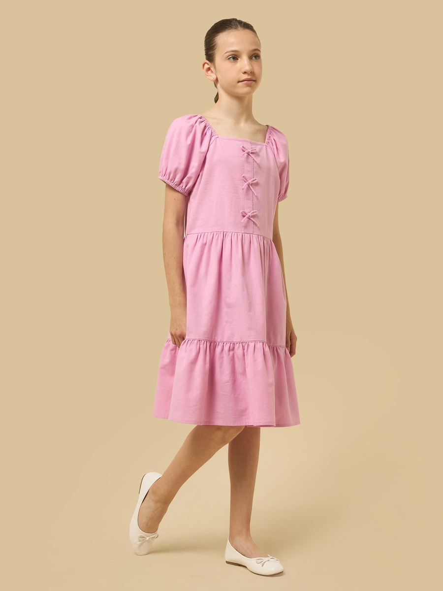 Bow Detail Linen Tiered Dress with Puff Sleeves