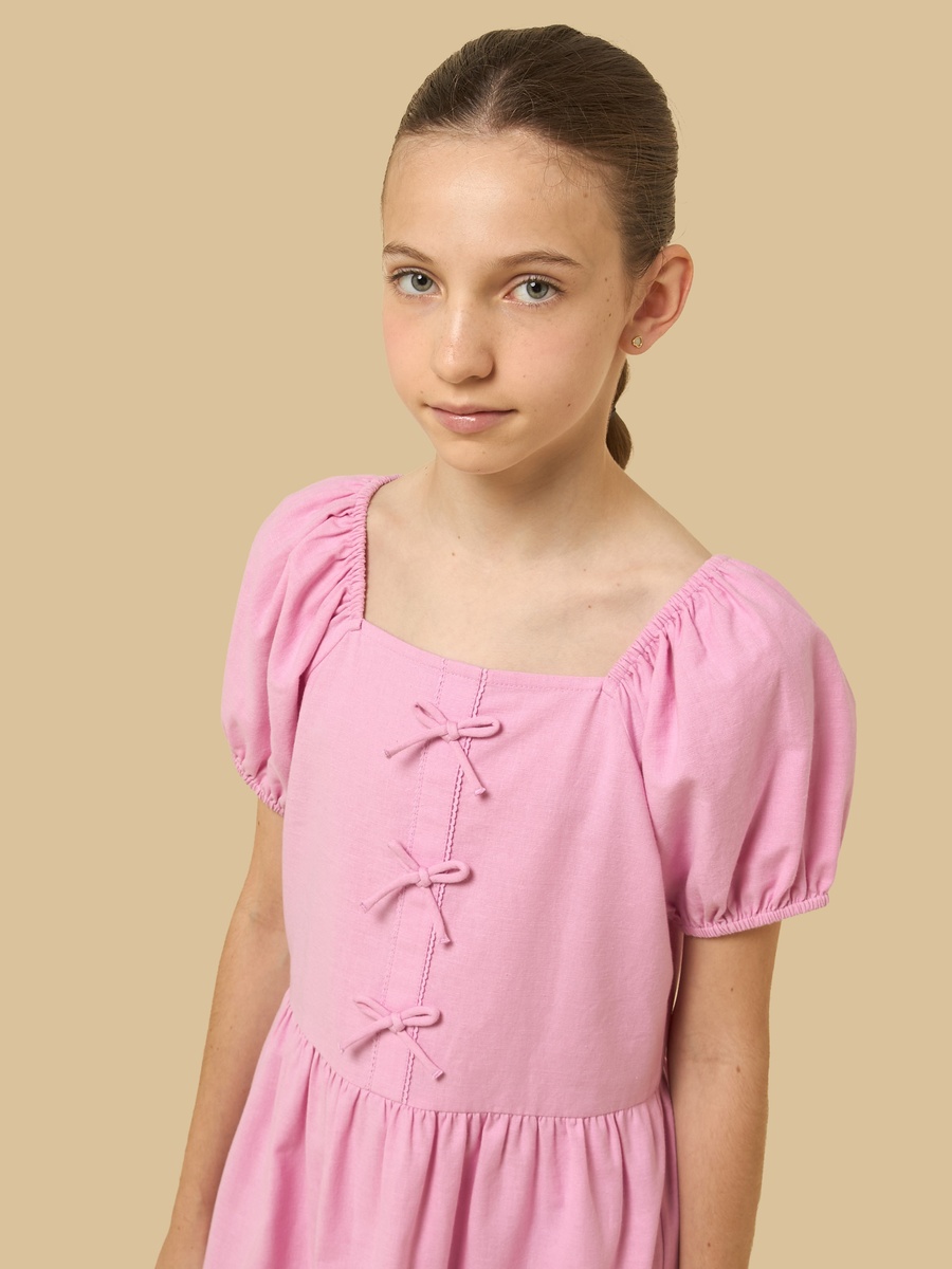 Bow Detail Linen Tiered Dress with Puff Sleeves