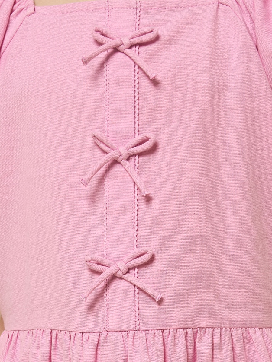 Bow Detail Linen Tiered Dress with Puff Sleeves