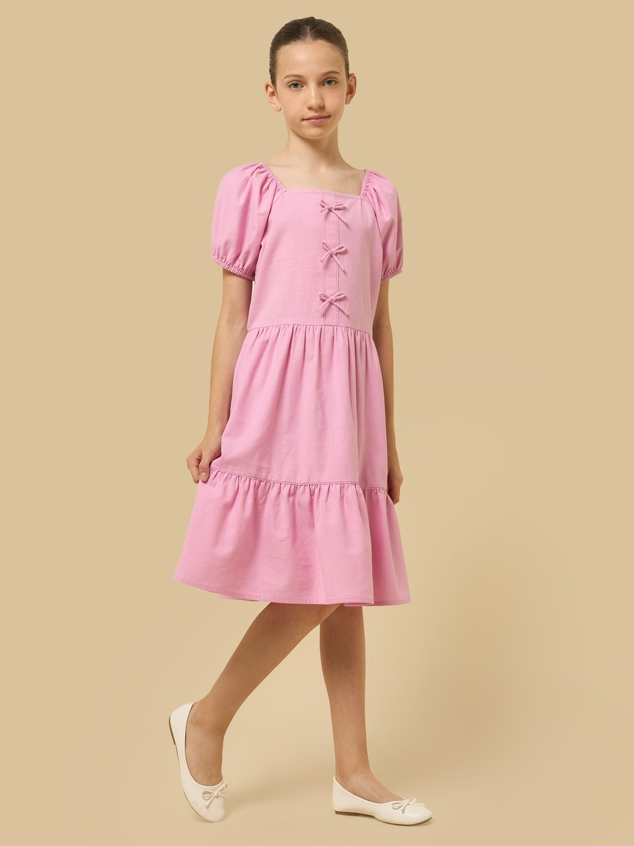 Bow Detail Linen Tiered Dress with Puff Sleeves