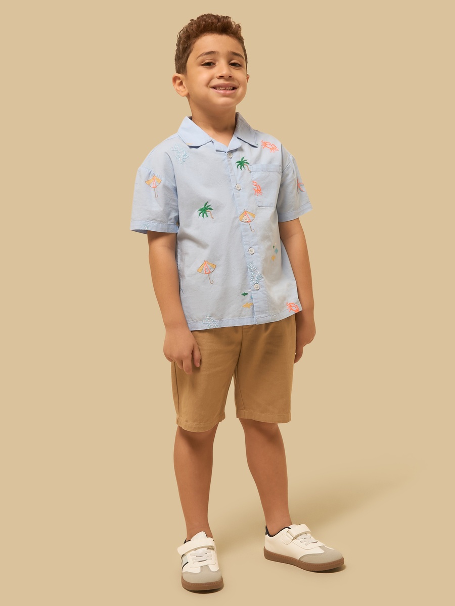 Embroidered Linen Blend Shirt and Shorts Set