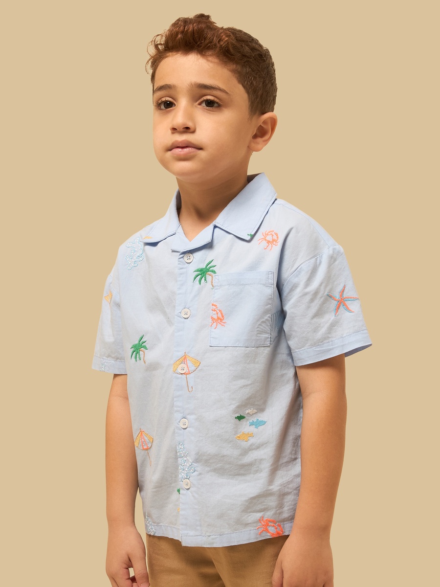 Embroidered Linen Blend Shirt and Shorts Set