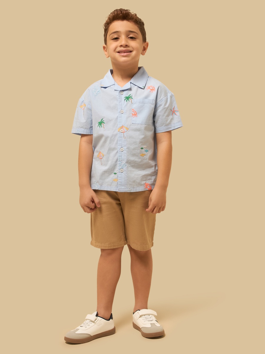 Embroidered Linen Blend Shirt and Shorts Set