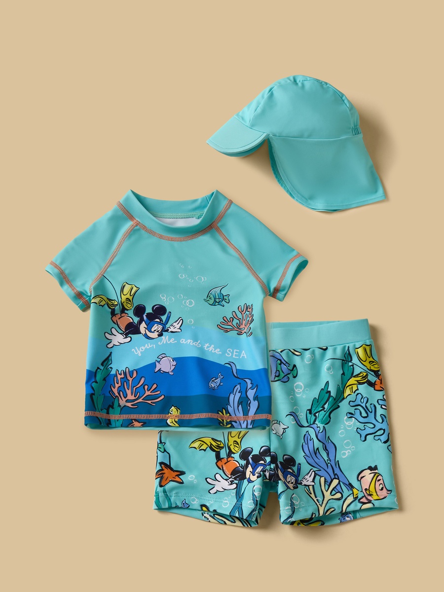 Mickey Mouse Print Rashguard Set with Hat