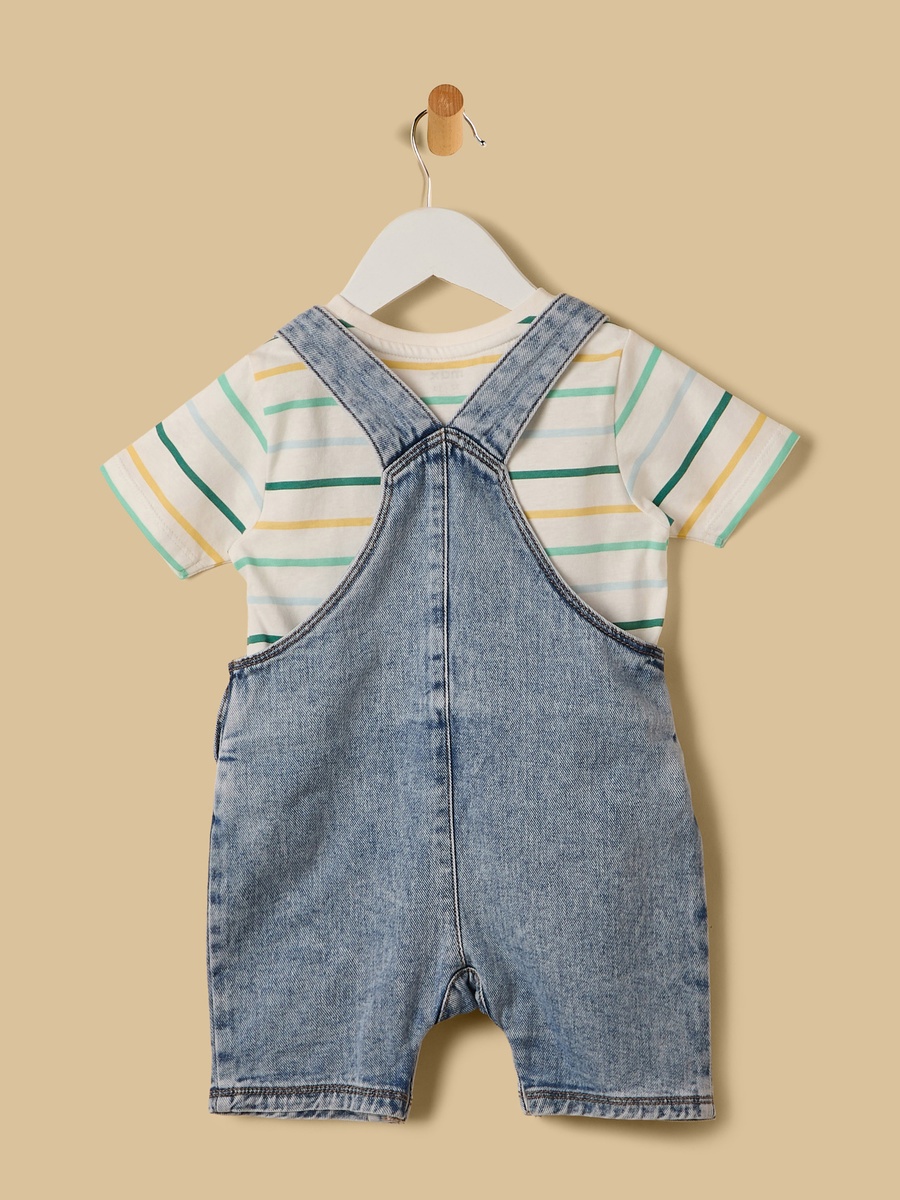 Embroidered Denim Dungaree with Striped T-Shirt