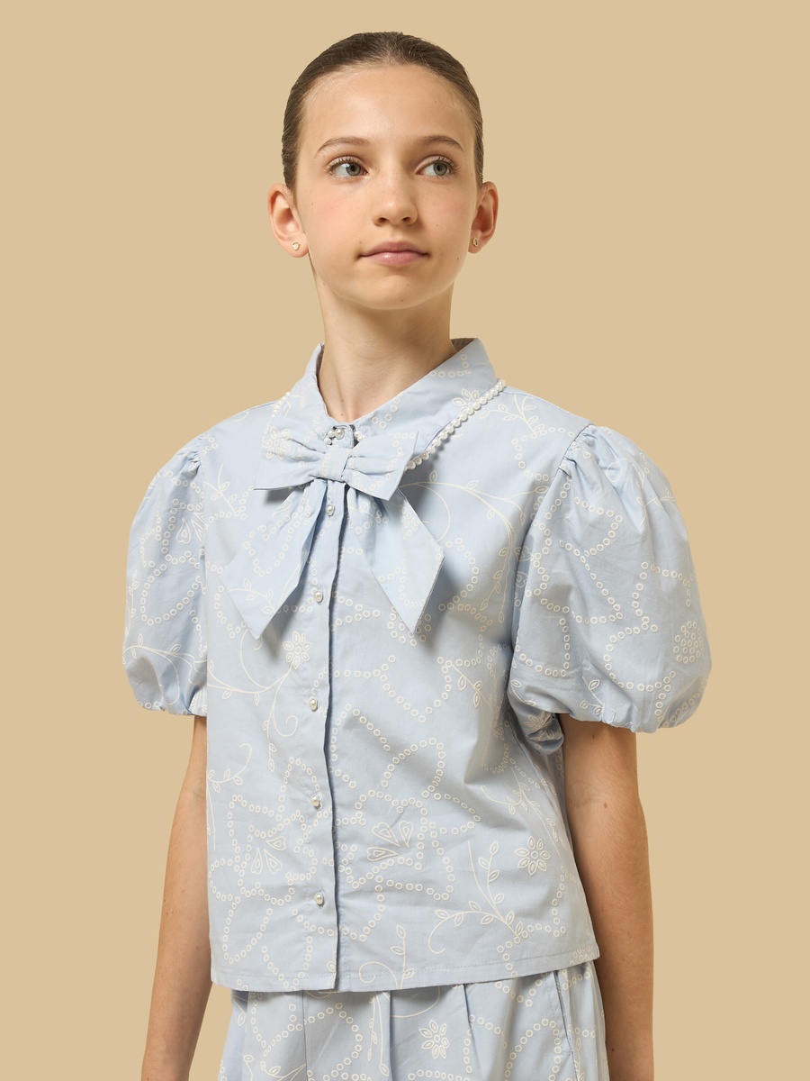 Printed Cotton Shirt with Pearl Embellished Collar