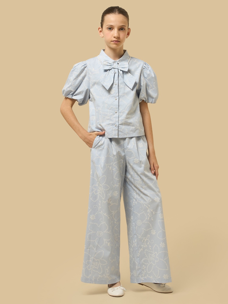 Printed Cotton Shirt with Pearl Embellished Collar