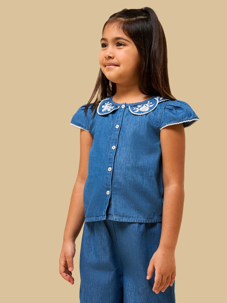 Embroidered Collar Denim Top and Pants Set