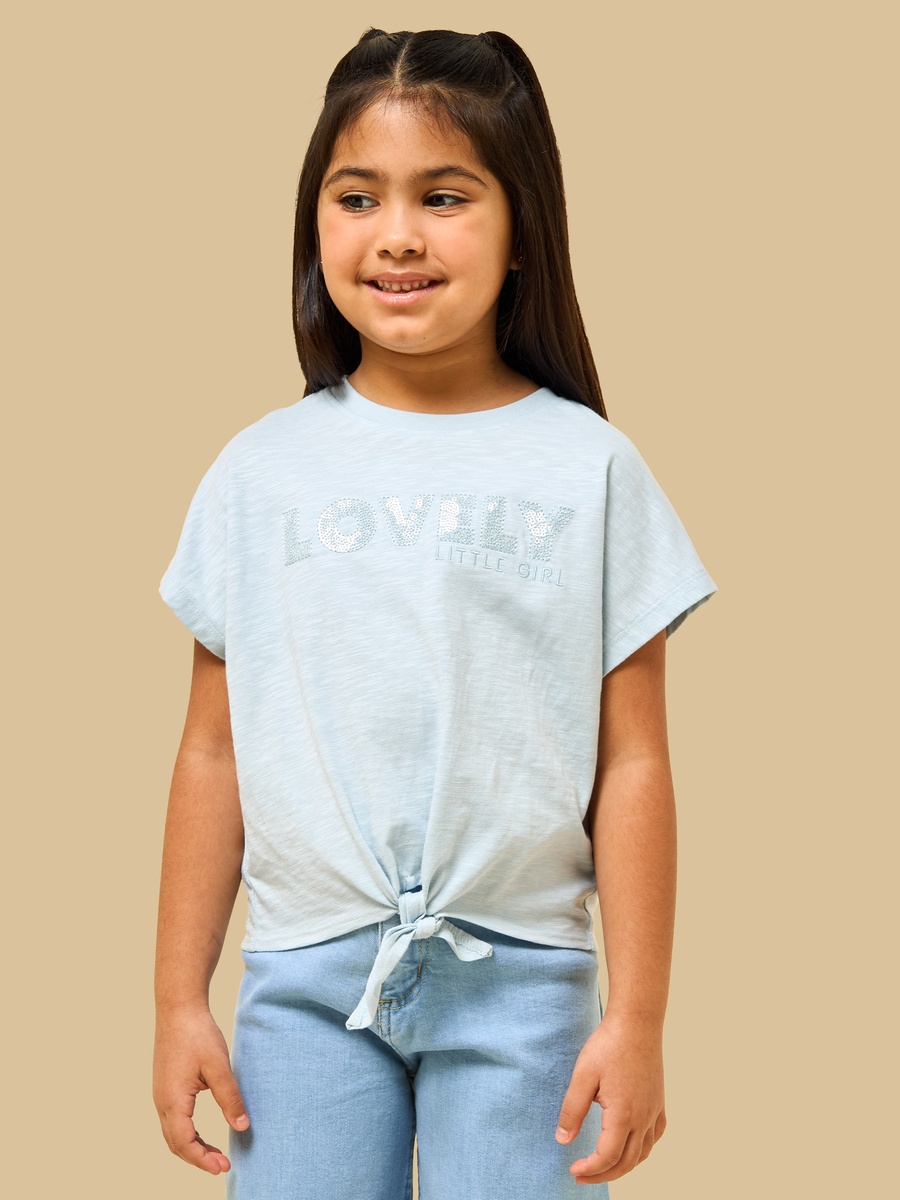 Slogan Embroidered Cotton T-Shirt with Front Knot